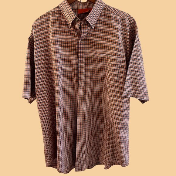 Jeep Short Sleeve Shirt Men XL Orange Blue Check Plaid Linen Button Down Pleated - Picture 1 of 10